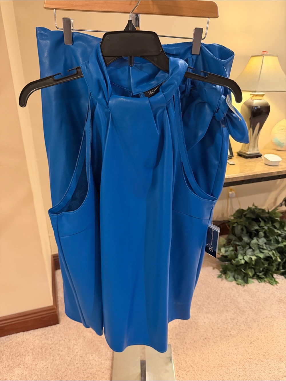 INC International Concepts Electric Blue leather two piece suit. Non leather